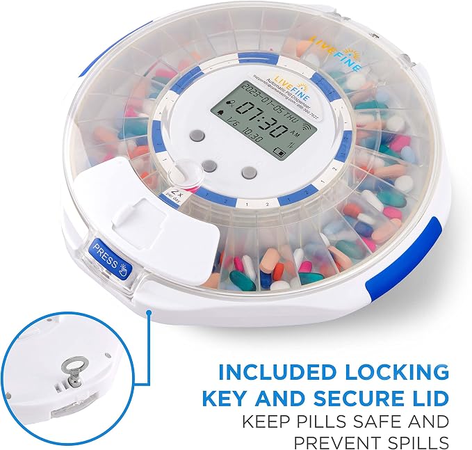 Live Fine Smart WiFi Automatic Pill Dispenser Clear Lid | 28-Day Medication Organizer Up to 9 Doses Per Day for Care Monitoring with Lock Key, Light/Sound Alarms for Prescriptions & Vitamins