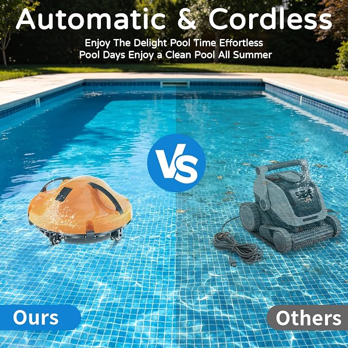 2026 New Cordless Robot Pool Vacuum, Automatic Pool Cleaner Robot with Dual-Motor, 130mins Runtime & Auto Parking Robotic Pool Vacuum for Above Ground Pool Up to 1100 Sq.Ft,JQR-V201,Orange