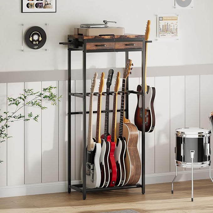 ELYKEN Guitar Stand, Guitar Rack with 2 Hangers and Storage Drawers for Guitar Accessories, Multiple Guitar Holder for Acoustic Electric Guitar, Bass, Instrument, Music Studio, Rustic Brown