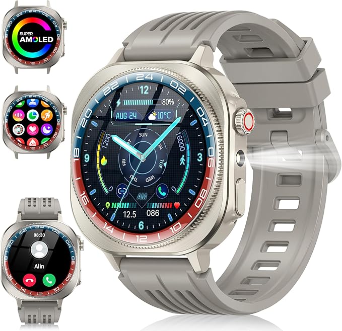 Smart Watch (Answer/Make Call), 1.43" AMOLED-3D Military Smartwatch for Men Women, Flashlight/130+ Sports/60 Days, Heart Rate/Sleep Monitor, IP68 Waterproof Fitness Activity Tracker for Android iOS