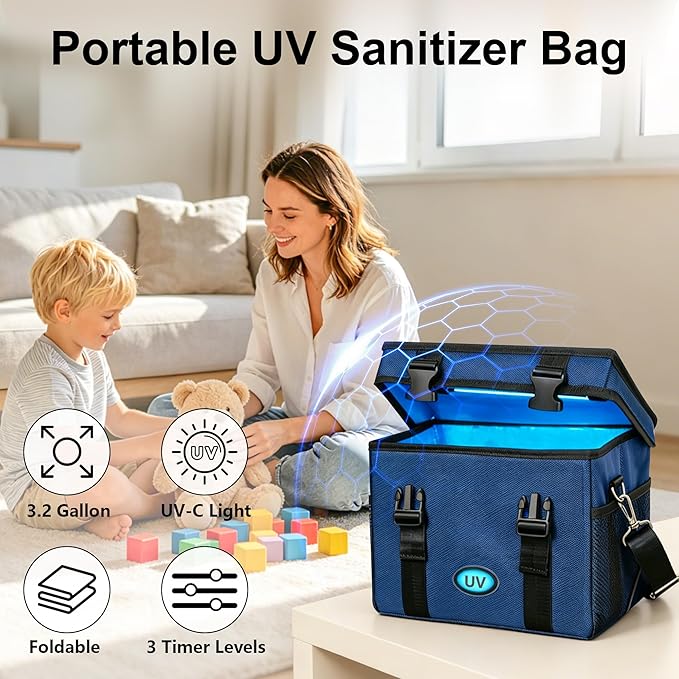 UV Sanitizer Box, 12L Ozone Portable Sanitizing and Cleaning Machine with 3-Level Timer, Foldable UV Cleaner Box for Toys, Mask, Towel, key Etc. UV Boxes with Ozone