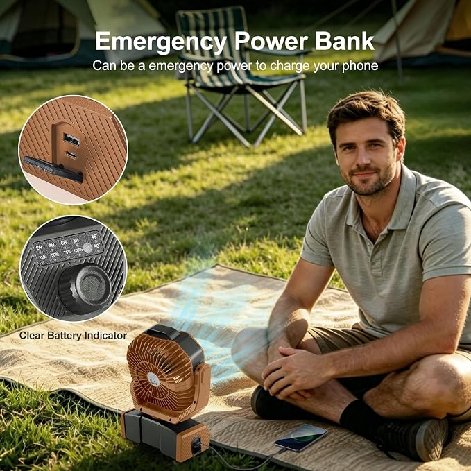 Odoland 40000mAh Camping Fan with LED Light, Battery Operated Oscillating Desk Fan with Remote & Hook, Rechargeable Outdoor Tent Fan with Timer for Hurricane Power Outage Travel Jobsite RV, Khaki