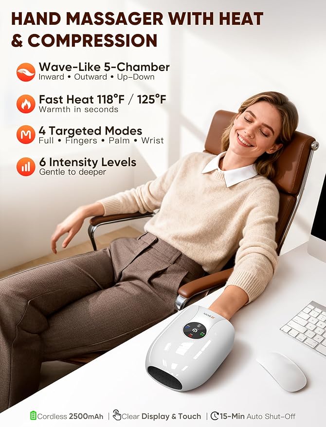 JZBRAIN Hand Massager with Heat and Compression: Cordless Heated Hand Massage for Arthritis and Carpal Tunnel & Pain Relief Gift for Women Men, Portable Rechargeable (White) | Cordless, Heated Hand Massage, Arthritis and Carpal Tunnel Pain Relief, Port...