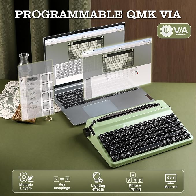 YUNZII QL75 Wireless Typewriter Hot Swap Retro Mechanical Keyboard,Punk Round Keycaps,RGB Backlit QMK/VIA Programmable,Multi-Device Keyboard with 2.4GHz/Type-C/BT5.0 (Green, Onyx Switch)