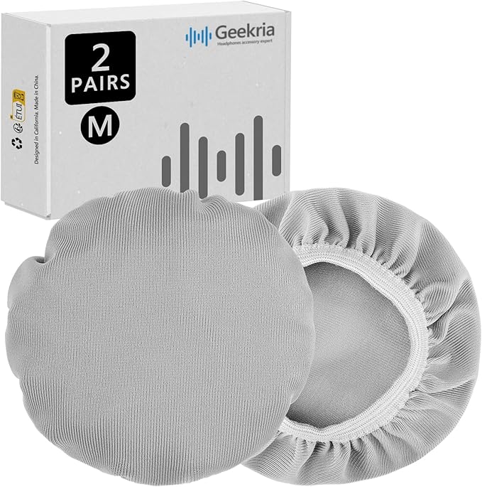 Geekria 2 Pairs Flex Fabric Headphones Ear Covers - Product Safety Certified - Washable & Stretchable Earcup Protectors for Over-Ear Headsets, Sweat Pads for Gym, Gaming (Size M/Grey)