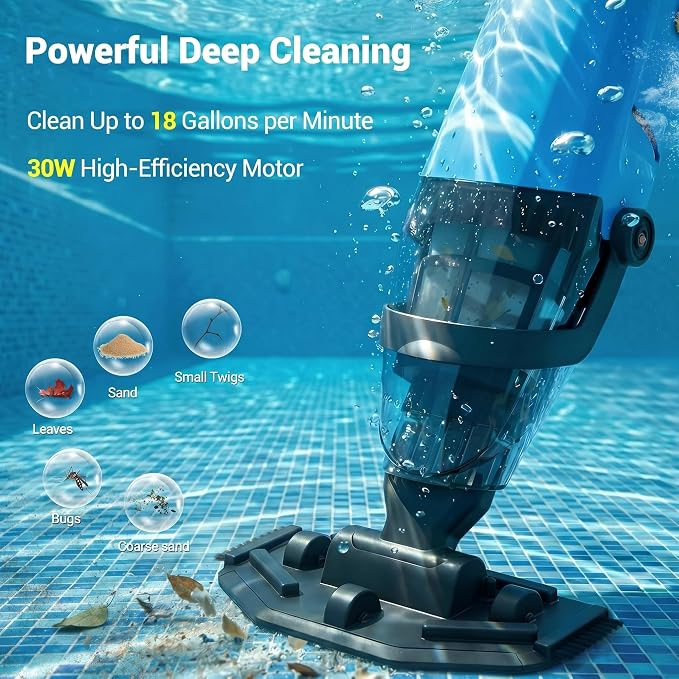 Pool Vacuum Above Ground Pool, 60min Runtime & 4-Section Aluminum Pole, 18 GPM Powerful Suction, Lightweight Cordless Handheld Rechargeable Pool Cleaner with 120μm Fine Filter (Blue)