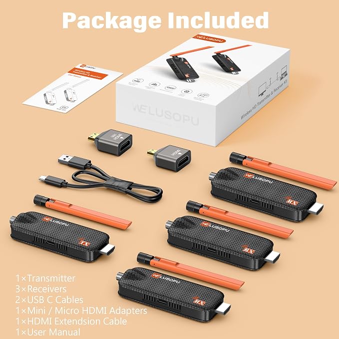Wireless HDMI 3 Receivers and Transmitter, Support Up to 6 Receivers, 5.8G 60Hz HDMI Wireless Extender Casting Content for PC Laptop Camera TV Box to Multiple TVs Monitors Projectors -165FT