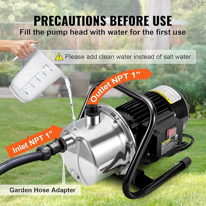 VEVOR Shallow Well Pump, 1.1 HP 115V, 978 GPH 131 ft Height, 40psi Max Pressure, Portable Stainless Steel Sprinkler Booster Jet Pumps for Garden Lawn Irrigation system, Lake Fountain, Water Transfer