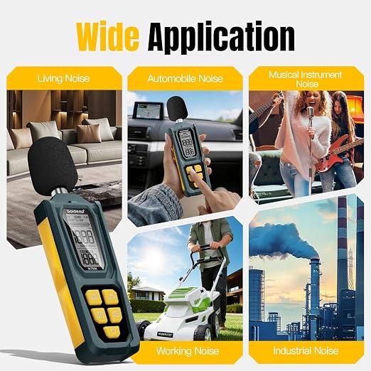 Decibel Meter, Goldeep SL750A Digital Sound Level Meter 30-130dB, A/C Weighted DB Meter with dB/SONE, Fast/Slow, MAX/MIN, LCD Sound Meter for Home, Office, Factory, Neighbor Noise - Ginger Yellow