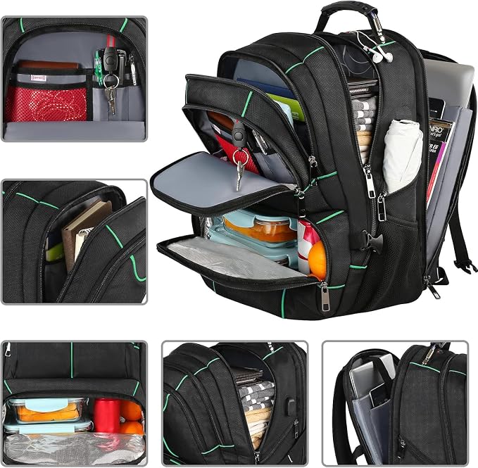 VECKUSON Laptop Backpack, 15.6 Inches, Green, Unisex, Waterproof, USB Charging Port, Insulated, TSA Approved, Anti-Theft, Durable Polyester Nylon Fabric