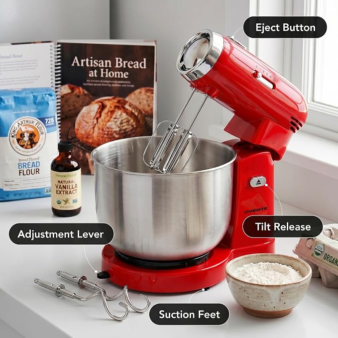 OVENTE Electric Stand Mixer with 3.5 Quarts Stainless Steel Mixing Bowl, 5 Speed Portable and Lightweight 250W Kitchen Mixer for Everyday Use, Includes 2 Egg Beater Whisk and Dough Hook, Red SM680R
