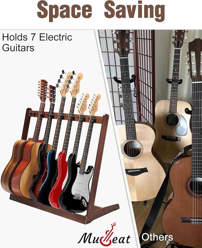 Multiple Guitar Stand, Black Walnut Wood Multi Guitar Rack for 5 Acoustic, 7 Electric or 7 Bass, Hardwood Instrument Racks for Men, Wooden Floor Acoustic Stand for Home Decor, Studio Display