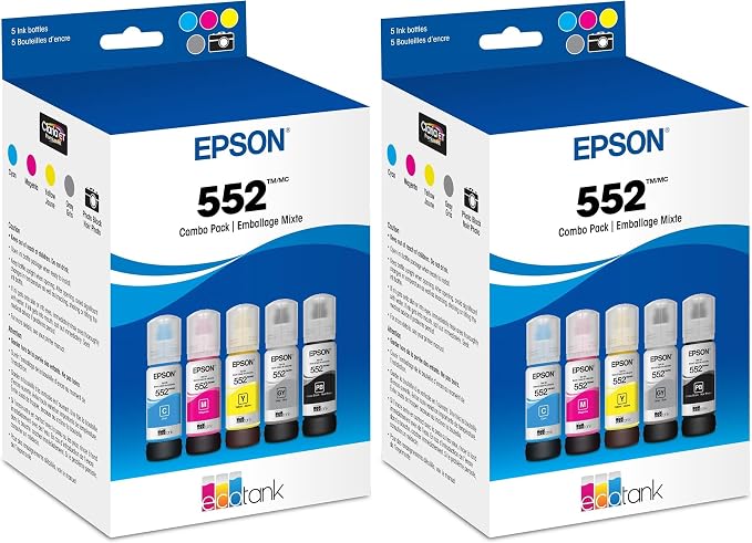 Epson 552 EcoTank Ink Ultra-high Capacity Bottle Five Color Combo Pack (T552920-S) Works with ET-8500,8550,(Pack of 2)