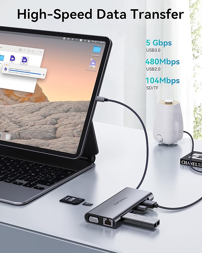 OPXYL 11-in-1 USB C Hub Multiport Adapter, USB C Docking Station with 4K HDMI, VGA 1080P, 100W PD, Ethernet, SD/TF, Audio, USB 3.0 Port, Laptop Dock for MacBook Pro/Air, iPad, Windows