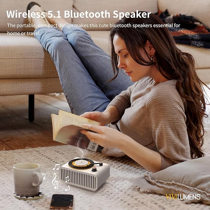 Vivilumens Speakers Bluetooth Wireless, 3 in 1 Portable Cute Speakers Vintage Style with Aromatic, Small LED Night Light for Home Office Decor, Ideal Gifts for Birthday, Anniversary
