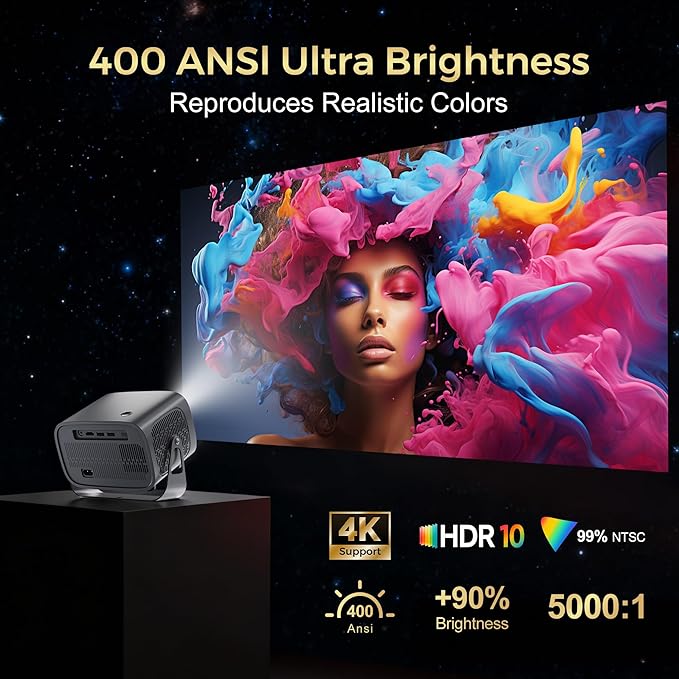 Smart Projector with WiFi and Bluetooth, 400Ansi Protable Mini Projector Support 1080P, 360° Rotated, Electric Focus & Keystone, 30"-200" Home Theater Proyector for Phone TV Stick