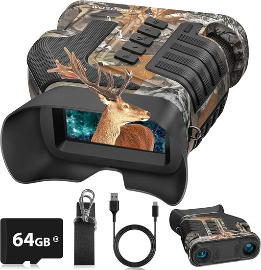 WOSPORTS 4K Night Vision Goggles – up to 80X Total Magnification, 10X Optical + 8X Digital Zoom, 1315FT Vision Range, 64GB TF Card, 5000mAh Rechargeable Battery, IPX Waterproof NVG, Gifts for Men