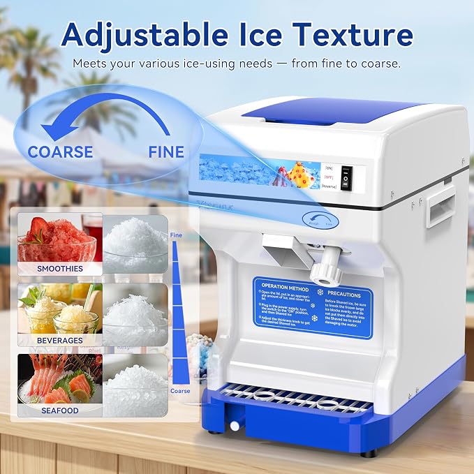 Electric Ice Crusher Shaver, 250W Snow Cone Maker Machine 265LBs/hr Thickness Adjustable for Bar Parties Events Snack(2.3Qt)