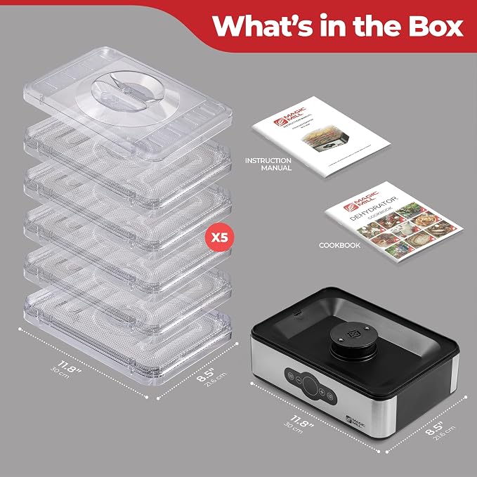 Magic Mill Food Dehydrator Machine | 5 Stackable Stainless Steel Trays, 48H Digital Adjustable Timer & Temperature Control Upto 167° Electric Dryer & Preserver for Jerky, Fruit, Dog Treats & Much More