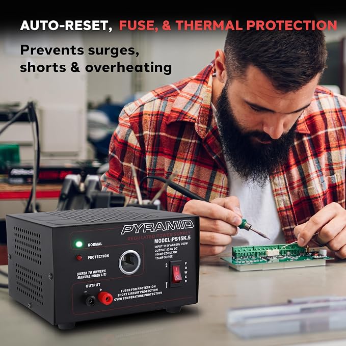 Pyramid Universal Compact Bench Power Supply - 10 Amp Linear Regulated Home Lab Benchtop AC-to-DC Converter w/ 13.8 Volt DC 115V AC 250W Input, Screw Type Terminal, 12V Car Cigarette Lighter-PS15K.5