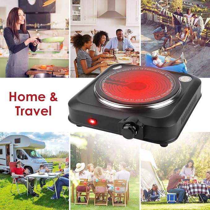 1200W Electric Infrared Single Burner Portable Heating Hot Plate Stove Countertop RV Hotplate with 7.5” Glass Cooktop Stepless Temperature Adjustments for Home RV Camp