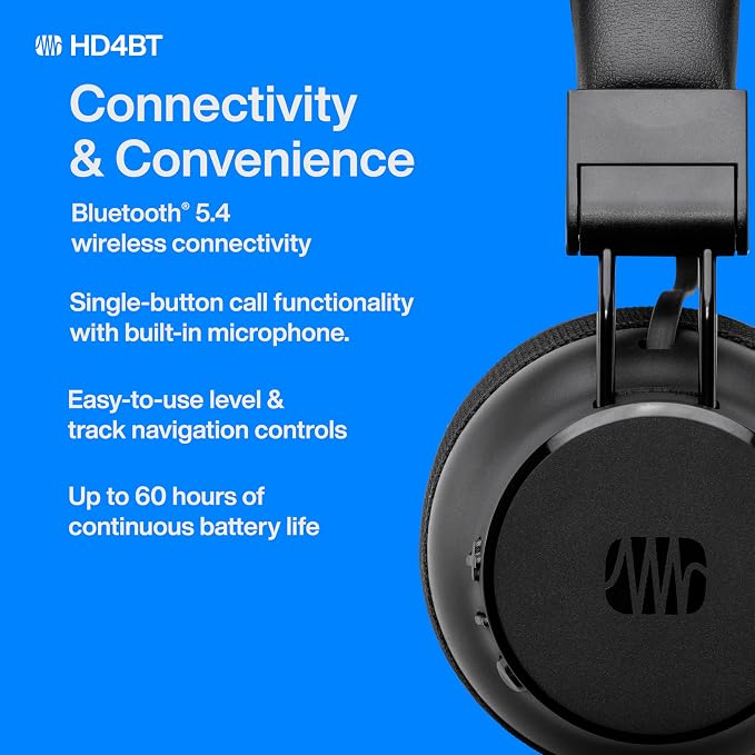 PreSonus Eris HD4BT — Over-Ear Closed-Back Wireless Headphones, Bluetooth, ANC Noise Cancelling, Up to 60 Hours Battery Life, Studio Headphones for Mixing, Monitoring, Recording, Eclipse Black