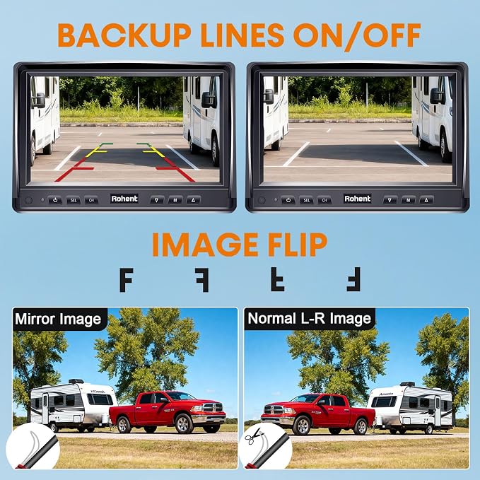 Dual RV Backup Camera System: 7" Monitor with Split Screen No Lag Easy Installation Plug and Play HD 1080P Rear View Camera Wired Kit IP69 Waterproof IR Crystal Night Vision for Truck Tractor R4