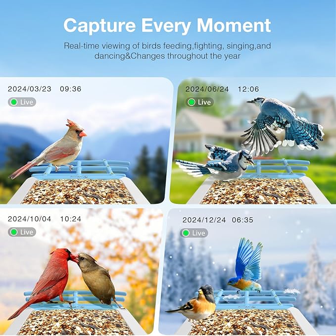 Smart Bird Feeder with Camera, AI Auto-Capture & Motion Detection, 5W Solar Panel, 170° View, Identify 16,000+ Birds, 2K HD Video, Ideal Gift for Outdoor Bird Watching(Blue)