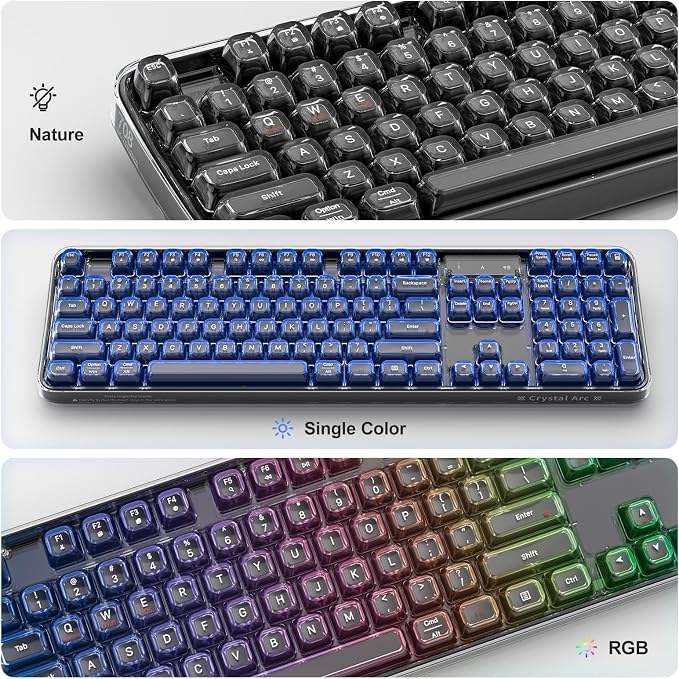 GEEZER Computer Backlit Keyboard Black Crystal - Full-Size Bluetooth Wireless Rechargeable Transparent Keycap Portable Keyboards Compatible with Windows, Laptop, PC, Desktop