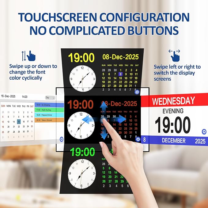 10.1" Touchscreen Digital Calendar Alarm Clock, Dementia Clocks for Seniors Extra Large Display Clock with Day and Date for Elderly, 40 Reminders&64 Alarms&Auto-Dimming&Auto DST(White)