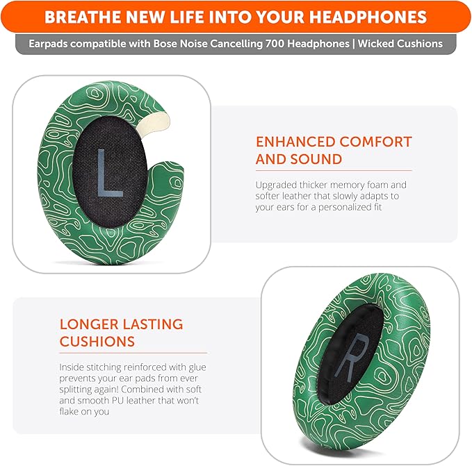 WC Wicked Cushions Upgraded Replacement Ear Pads for Bose 700 Noise Cancelling Headphones (NC700) - Softer PU Leather, Luxurious Memory Foam, Added Thickness, Extra Durable Ear Cushions | Emerald Tide
