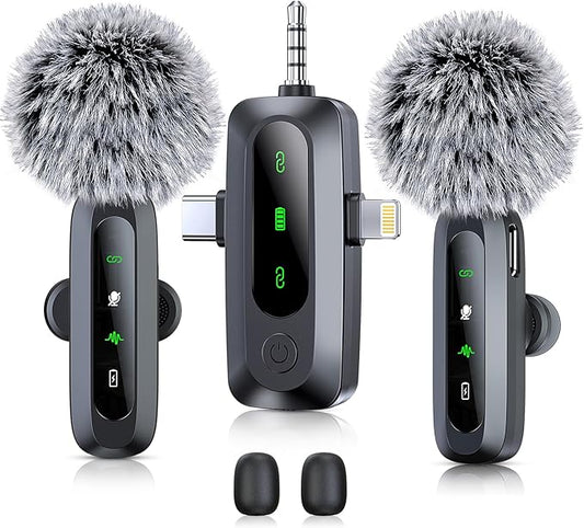 3 in 1 Wireless Lavalier Microphone for iPhone, iPad, Android, Camera, 2 Pack Professional Mini Microphone LED Display Clip on Mic with Noise Reduction for Video Recording TikTok YouTube Vlog