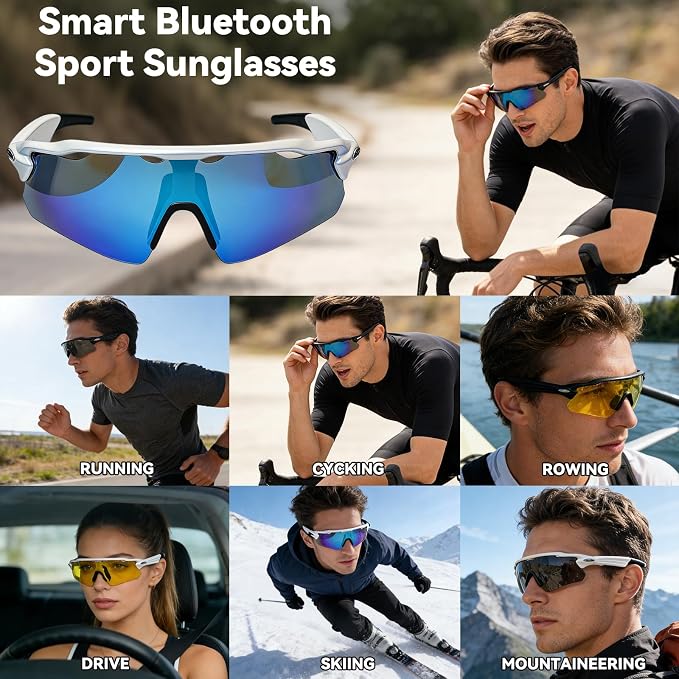 Bluetooth Smart Sunglasses for Men Women, Open-Ear Speaker Glasses with Touch Control, UV400 Polarized Lens, 5-6H Playtime for Outdoor Sports,White and Blue