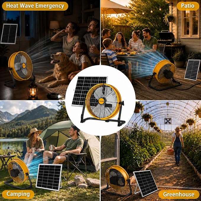 T-SUNUS 12" Solar Powered Floor Fan, Rechargeable Battery Battery Powered Fans 13200mAh & 20W Panel, 1500 CFM Metal Cordless Fan, 4.5–27H Runtime for Outside Camping Garage Greenhouse Power Outage