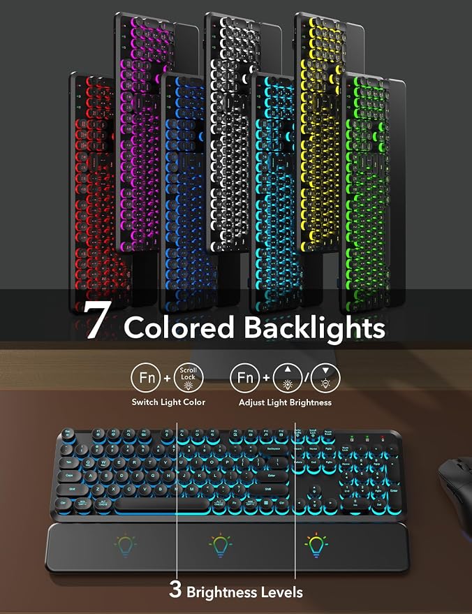 Wireless Keyboard and Mouse Backlit - Typewriter Keyboard with Magnetic Wrist Rest, Retro Round Keys, Light Up Letters, 2.4GHz Cordless Combo for Mac, Windows, PC, Laptop, Trueque CK23Pro [Upgraded]
