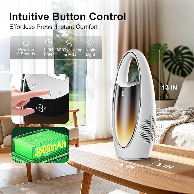 KONSIDEN Bladeless Misting Desk Fan, 13 Inch Rechargeable 3500mAh Quiet Small Personal Table Fan, 9 Speeds & 9H Timer, 60° Oscillation, 180ml Water Tank & Night Light for Bedroom Office Home Outdoor