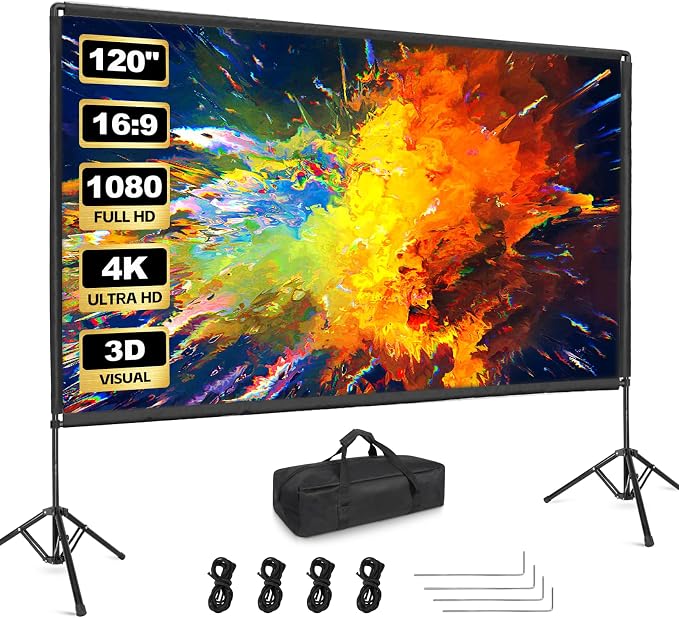 Outdoor Projector Screen with Stand, 120 Inch Portable Projector Screen, Indoor Outdoor Projection Screen 16:9 4K HD Wrinkle-Free Movie Screen with Carry Bag for Backyard Movies Home Theater