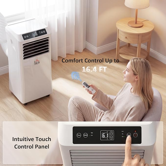 HOMCOM 10000 BTU Portable Air Conditioner for Rooms Up to 441 Sq. Ft., 4-in-1 AC Unit with Cooling Fan, Dehumidifier, Sleep Mode, Remote Control, 24H Timer, Window Installation Kit, White