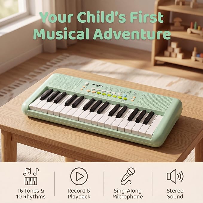 LeeQee 32 Keys Kids Keyboard Piano with Microphone, Double Speakers Toddler Piano Toy for Boys Girls Age 3-6, Portable Educational Musical Instrument, Birthday Gifts (Avocado Green)