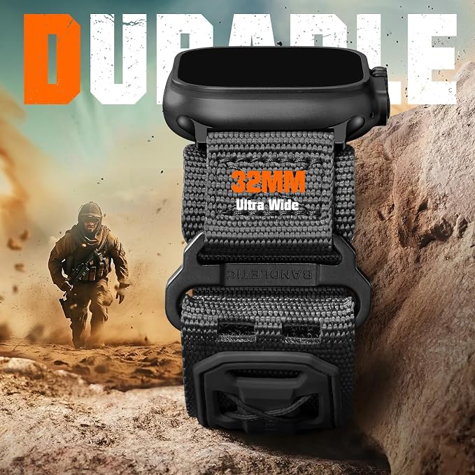 Bandletic Compatible with Apple Watch Ultra 3 Band Men, Wide Tactical Military Nylon Rugged Soft Sport Solo Loop for iWatch 49mm(Ultra 3/2/1),46mm(11/10),45mm(9/8/7),44mm(SE3/SE2/SE/6/5/4),42mm(3/2/1)
