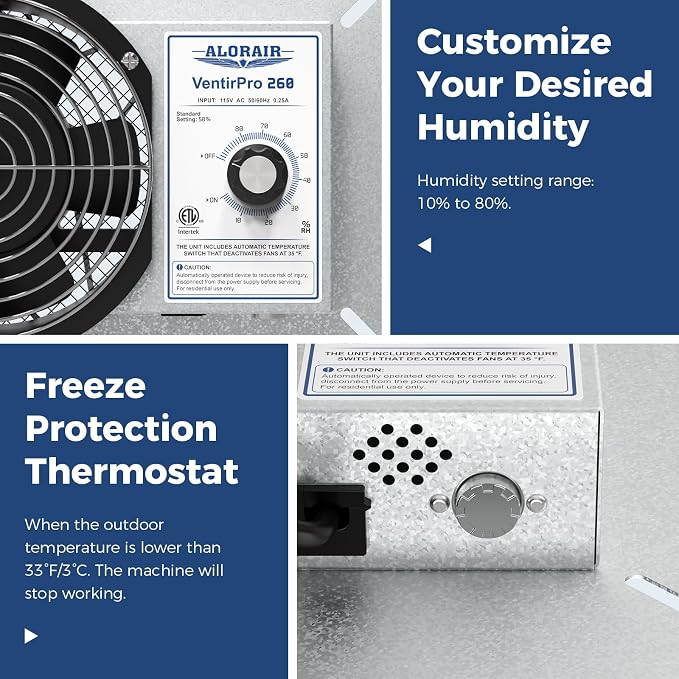 ALORAIR 260CFM Crawl Space Ventilator Fan, 6.7 Inch Basement Vent Fan with Humidistat & Thermostat, IP-55 Rated Isolation Mesh for Crawlspace, Garage, Attic, Exhaust