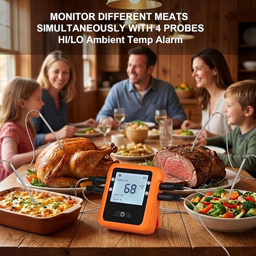 Wireless Meat Thermometer Digital for Outside Grilling BBQ Oven and Smoking, 4 Meat Probes Grill Thermometer for Home Chefs Cooking Turkey Fish Beef Bluetooth 330ft Range Temp Sensors