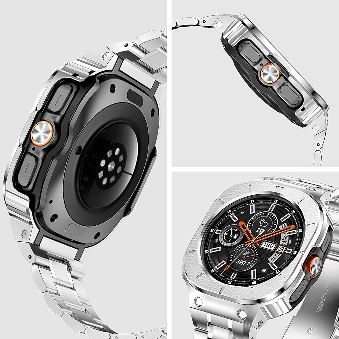 BAITEYOU Stainless Steel Bands with Case Compatible with Samsung Galaxy Watch Ultra 2/1 47mm (2025 2024), Rugged Protector Cover Metal Band for Galaxy Watch 7 8 Ultra for Men (Silver)