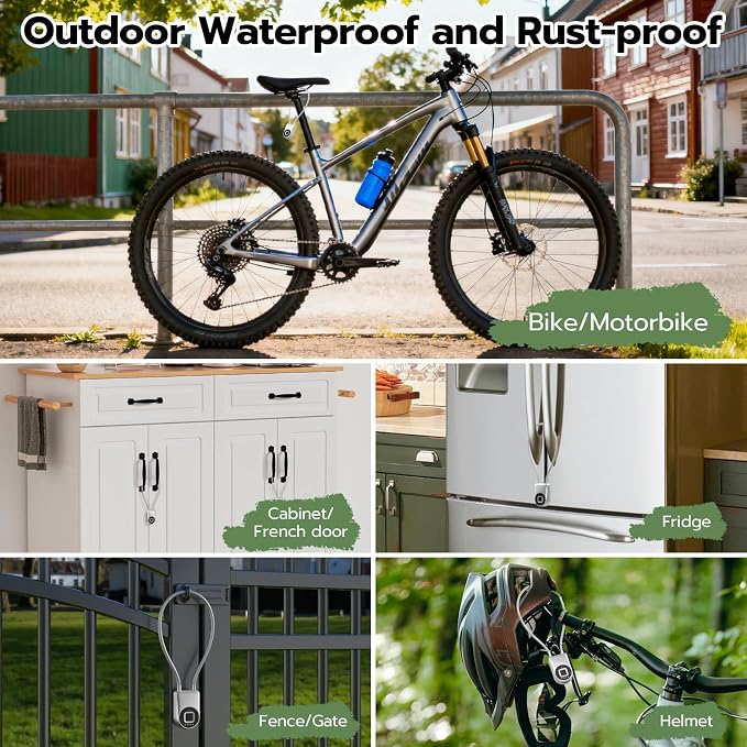 eLinkSmart Fingerprint Padlock, Fingerprint Cable Lock with Bluetooth APP Contral, 15'' Waterproof Keyless Smart Cable Lock Heavy Duty Anti Theft for Bike, Outdoor, Fridge, Gate, Fence, Silver