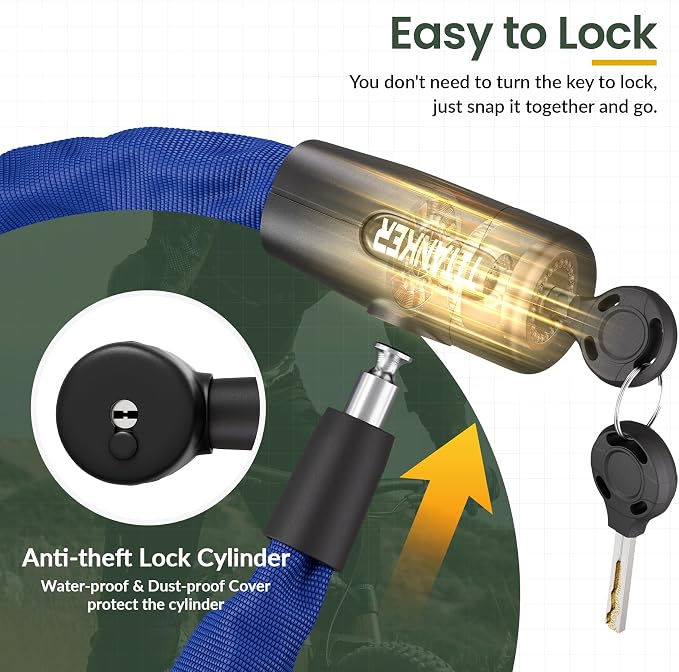 Titanker Bike Chain Lock with Keys, 3.3 Feet Security Heavy Duty Anti-Theft Bicycle Chain Locks for Bike, Motorcycle, Bicycle, Door, Gate, Fence, Grill (6mm, 8mm, 10mm Thick Chain)