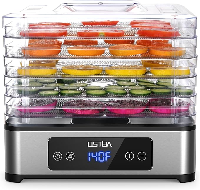 OSTBA Food Dehydrator, 5 Stainless Steel Trays, 48H Timer & Temp Control up to 160°F, 400W Food Dryer, Recipe Book for Jerky, Fruit, Meat, Vegetables, Herbs, BPA-Free