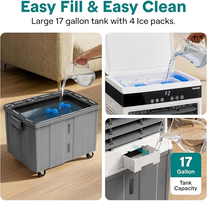 SereneLife Portable Swamp Cooler with 4000 CFM Power - Heavy-Duty Evaporative Air Cooler for Large Indoor & Outdoor Spaces, 65L Tank, 60° Oscillation, 12-Hour Timer, Wi-Fi & Remote Control