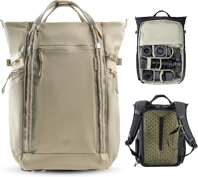 PGYTECH OneGo Roamer Tote Camera Backpack, 25L Water-Resistant Dual Carry Tote Bag for DSLR/Mirrorless Cameras, DJI Mavic Drone, 16" MacBook Air, Tripod Holder, Side/Top Access - Sand Khaki