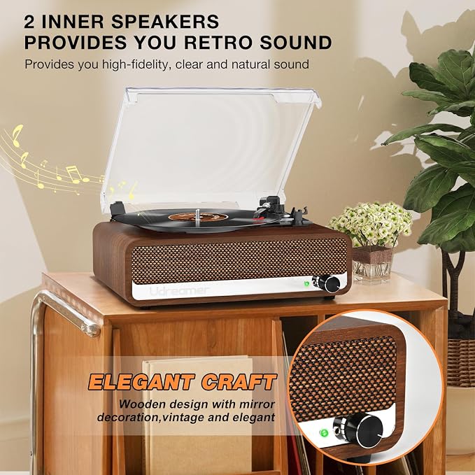 Vinyl Record Player with Speakers,3 Speed Turntable with Bluetooth, Aux, Headphone Jack, RCA Output and Auto Stop,Mirror Vintage Wooden Walnut