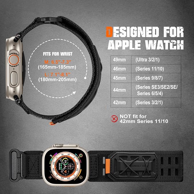 Bandletic Compatible with Apple Watch Ultra Band Men Women, Wide Tactical Military Nylon Rugged Soft Sport Loop for iWatch 49mm(Ultra 3/2/1),46mm(11/10),45mm(9/8/7),44mm(SE3/SE2/SE/6/5/4),42mm(3/2/1)